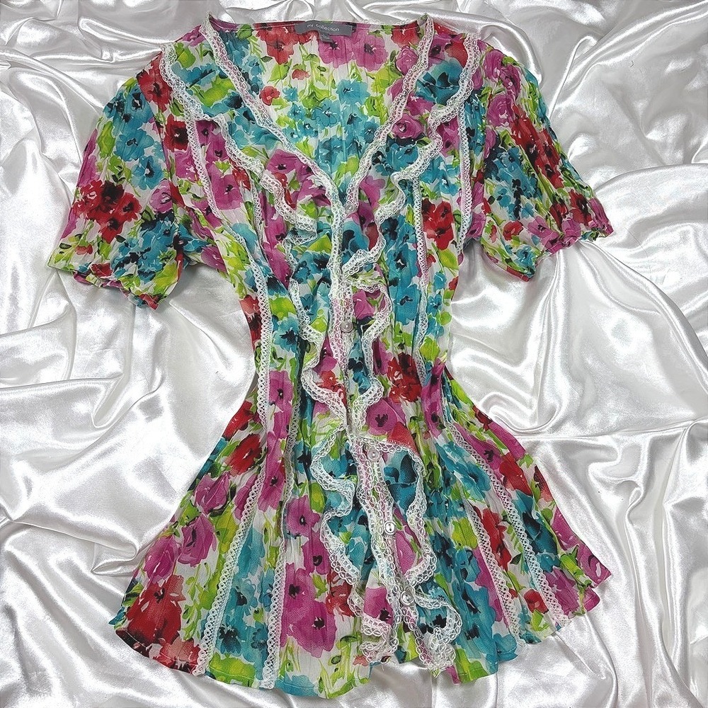 y2k Blouse Multicolor Excellent NY Collection Ruffle Lace Floral Sheer Top L